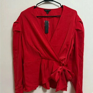 NWT - Adiva - Women’s Satin Red Wrap-Style Blouse - Size‎ L